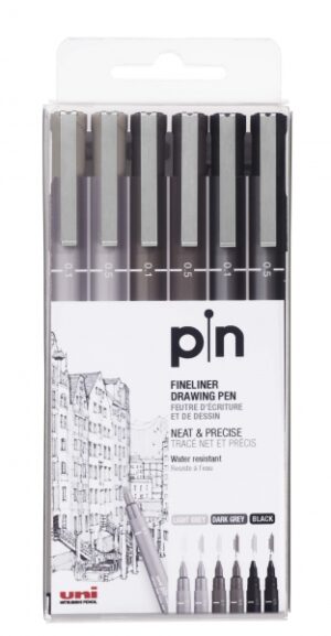Uni-ball Uni Pin Pack de 6 Rotuladores Calibrados 0.1, 0.5 - Punta Poliacetal - Tinta Pigmentada Resistente al Agua y Luz - Ideal para Dibujo Profesional y Escritura - Colores Negro, Gris Oscuro y Gris Claro
