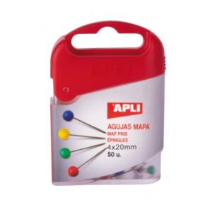 Apli Caja de 50 Agujas de Mapa - Cabeza de Plastico - Punta Metalica - Ideal para Mapas, Corcho y Manualidades - Colores Surtidos