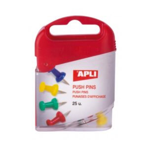 Apli Caja de 25 Agujas Push Pins - Cabeza Plastica - Punta Metalica - Ideal para Mapas, Corcho, Madera y Manualidades - Colores Surtidos