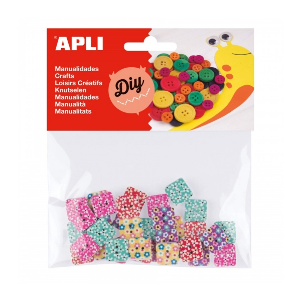 Apli Botones Cuadrados de Madera - Estampados Variados - Bolsa con 35 Unidades - Ideales para Costura, Artesania y Scrapbooking - Colores Surtidos