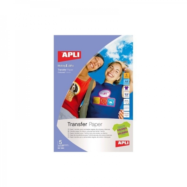 Apli Pack de 5 Hojas de Papel Transfer para Impresoras Inkjet - Ideal para Prendas de Color - Perfecto para Personalizar Ropa de Algodon - Facil de Usar y Lavar con Agua Fria