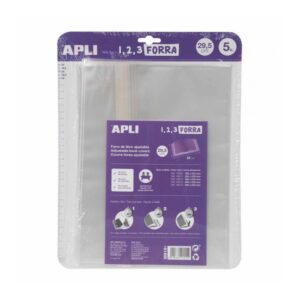 Apli Pack de 5 Forros para Libros 295mm de Polipropileno 75 micras - Solapa Autoajustable - Facil Forrado en 3 Pasos - Sin Necesidad de Cortar ni Usar Cinta Adhesiva - Transparente