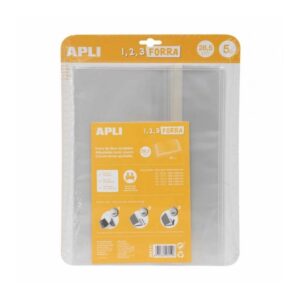 Apli Pack de 5 Forros para Libros 285mm de Polipropileno 75 micras - Solapa Autoajustable - Facil Forrado en 3 Pasos - Sin Necesidad de Cortar ni Usar Cinta Adhesiva - Transparente