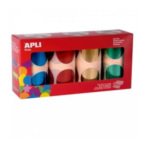 Apli Pack de 4 Rollos de Gomets Redondos Ø 45mm - 354 Gomets por Rollo - Adhesivo Permanente - 1416 Gomets en Total - Ideales para Escuelas Infantiles - Colores Metalizados Azul, Rojo, Amarillo y Verde