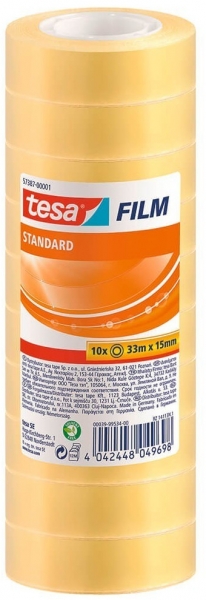 Tesa Tesafilm Standard Pack de 10 Cintas Autoadhesivas Transparentes 15mmx33m - Buena Adherencia y Alta Resistencia a la Luz UV - Sin PVC