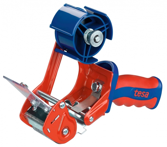 Tesa 6400 Comfort Precintadora para Rollos de hasta 50mm - Sistema de Cuchilla Protegida - Tension Ajustable Manualmente - Color Rojo/Azul