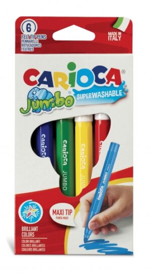Carioca Pack de 6 Rotuladores Jumbo - Cuerpo Octogonal Maxi - Tinta Superlavable - Punta Maxi 6mm Bloqueada - Tapa Ventilada - Color Varios