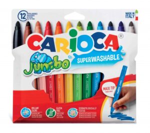 Carioca Jumbo Pack de 12 Rotuladores - Cuerpo Octogonal Maxi - Tinta Superlavable - Punta Maxi 6mm Bloqueada - Tapa Ventilada - Color Varios