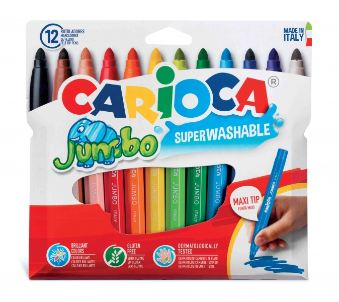 Carioca Jumbo Pack de 12 Rotuladores - Cuerpo Octogonal Maxi - Tinta Superlavable - Punta Maxi 6mm Bloqueada - Tapa Ventilada - Color Varios