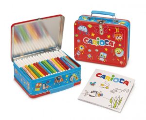 Carioca Pack de 100 Rotuladores Punta Fina y Tinta Superlavable - Caja de Metal - 1 Album para Colorear - Dedicado a Pequeños Artistas - Color Varios