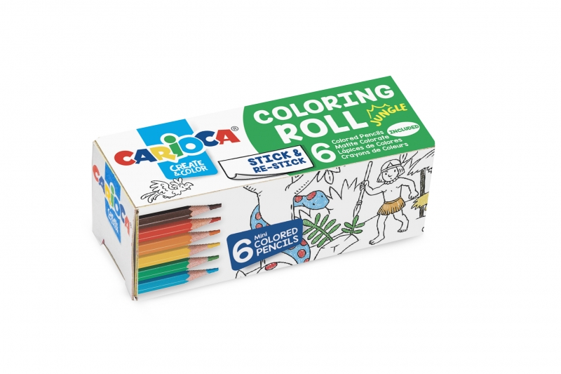 Carioca Mini Coloring Roll Jungle de Papel Adhesivo para Colorear + 6 Lapices de Colores - Aplicable en Superficies Verticales u Horizontales - Reutilizable sin Residuos