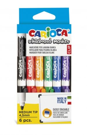 Carioca Pack de 6 Rotuladores para Pizarra Blanca - Punta de Ø 4.5mm - Tapa con Clip - Se Borra Facilmente y Se Seca Rapidamente - Colores Surtidos