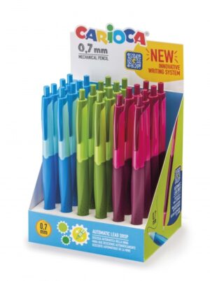 Carioca Expositor de 24 Portaminas Automaticos - Punta Mina de Ø 0.7mm - Descenso de la Mina Automatico - Empuñadura Antibacteriana - Kit de Carga con 20 Minas - Color Varios