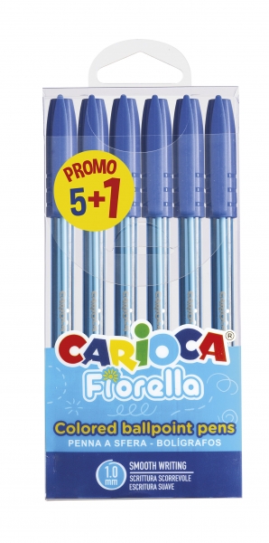 Carioca Fiorella Pack 5+1 Boligrafos Punta de Bola Ø 1mm - Cuerpo Transparente - Escritura Brillante y Colorida - Color Azul