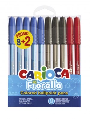 Carioca Fiorella Pack 8+2 Boligrafos Punta de Bola Ø 1mm - Cuerpo Transparente - Escritura Brillante y Colorida - Colores Surtidos