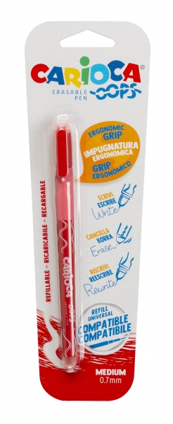 Carioca Oops Boligrafo Borrable - Tinta Roja - Termo Sensible - Empuñadura Ergonomica Triangular - Punta de Ø 0.7mm - Doble Goma - Recambios Compatibles - Color Rojo