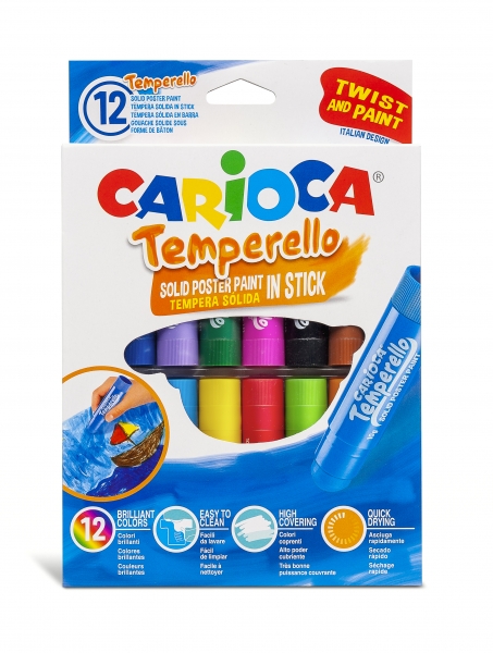 Carioca Temperello Pack de 12 Temperas Solidas - Colores Brillantes y Lavables - Gran Cobertura - Faciles de Mezclar - Sin Disolventes - Acabado Satinado - Colores Surtidos