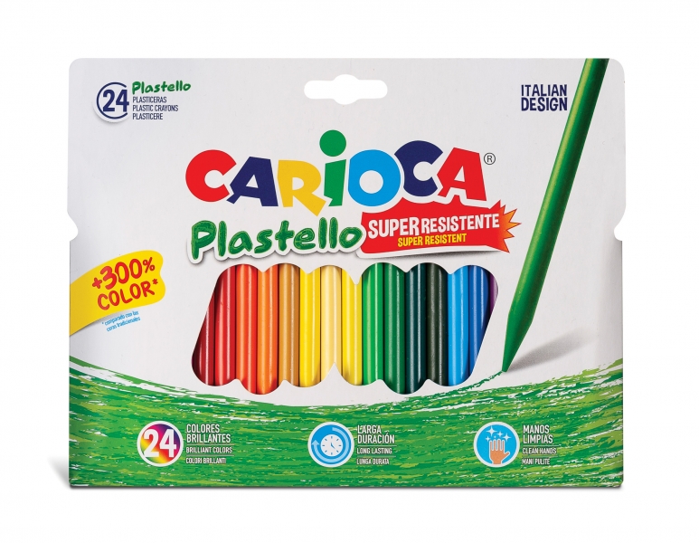 Carioca Plastello Pack de 24 Plasticeras Extra Limpias - No Dejan Color en las Manos - Duran Tres Veces Mas - Colores Brillantes y Lavables - Faciles de Afilar - Colores Surtidos
