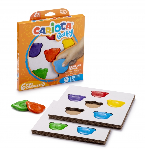 Carioca Teddy Crayons Pack de 6 Ceras de Colores - Certificadas a Partir de 12 Meses - Diseñadas para Entrenar el Agarre Digital - Color Varios