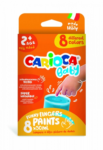Carioca Tempera Baby Pack de 8 Botes de Pintura de Dedos 2+ - Lavable - Atoxica - sin Olor - Maxima Creatividad y Diversion - Color Varios