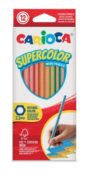 Carioca Supercolor Pack de 12 Lapices de Colores - Cuerpo de Madera Hexagonal - Colores Intensos y Gran Opacidad - Mina de 3.3mm - Colores Surtidos