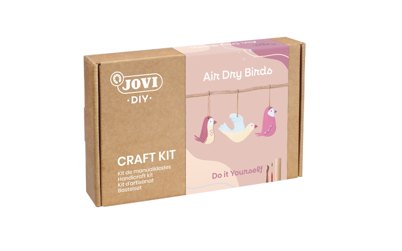 Jovi Diy Kit de Manualidades para Hacer Pajaros - Pasta Endurecible Air Dry - 500g Airdry - Rodillo de Madera - Herramientas de Modelaje - Pintura Gouache - Pinceles - Libreta - Cuerdas de Lino - Color Varios