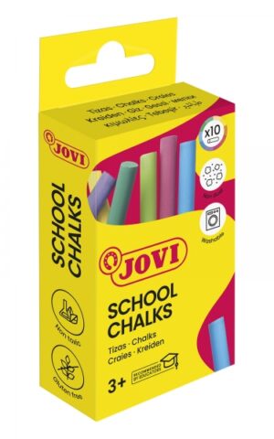 Jovi School Chalks Caja de 10 Tizas - Compactas - sin Polvo - Materias Primas Naturales - Trazos Nitidos - Faciles de Borrar - Resistentes - Poco Resto de Polvo - Color Surtido