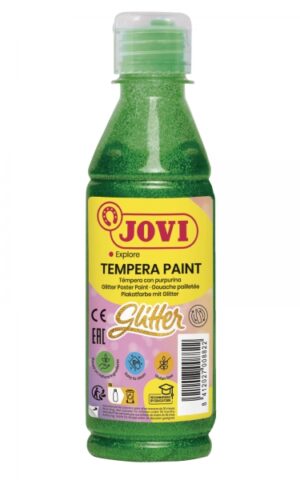 Jovi Glitter Tempera Liquida Base Agua 250ml - Particulas de Purpurina - Excelente Rendimiento - Secado Rapido - Fluidez Optima - Adherencia en Multiples Superficies - Color Verde