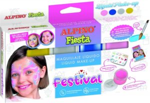 Alpino Fiesta Festival Pack de 4 Botes de Maquillaje Liquido de Diferentes Colores + Pincel + Guia de Ideas - Se Lava con Agua - Testado Dermatologicamente