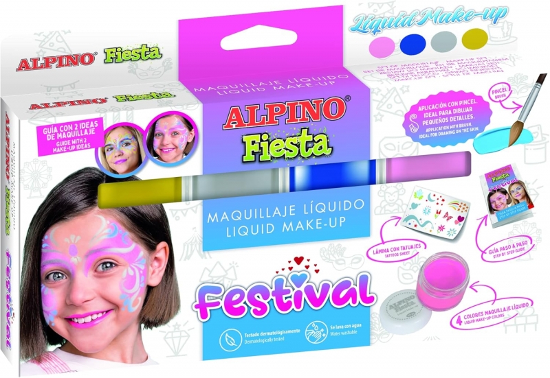 Alpino Fiesta Festival Pack de 4 Botes de Maquillaje Liquido de Diferentes Colores + Pincel + Guia de Ideas - Se Lava con Agua - Testado Dermatologicamente