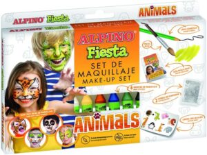 Alpino Fiesta Animales Pack de Maquillaje con 6 Barritas de Pintura Facial + Pincel + Tatuajes en Calcomania + Lapiz Perfilador y 2 Sobres de Purpurina - Se Lava con Agua - Testado Dermatologicamente
