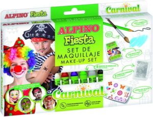 Alpino Fiesta Carnival Pack de Maquillaje con 6 Barritas de Pintura Facial + Pincel + Tatuajes en Calcomania + Lapiz Perfilador y 2 Sobres de Purpurina - Se Lava con Agua - Testado Dermatologicamente