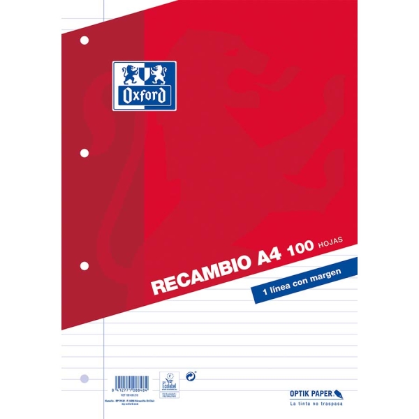 Oxford Classic Recambio de 100 Hojas Sueltas A4 1 Linea Horizontal con Margen 4 Taladros