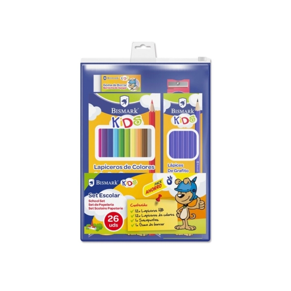 Bismark Pack Escolar con 12 Lapices HB, 12 Lapices de Colores, Afilalapiz y Goma de Borrar