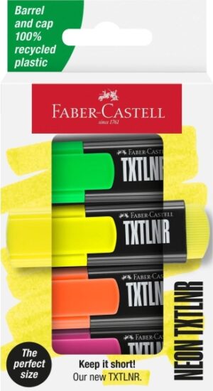 Faber-Castell TXTLNR Pack de 4 Marcadores Fluorescentes - Punta Biselada - Trazo entre 1, 2 y 5 mm - Tinta con Base de Agua - Colores Neon Surtidos
