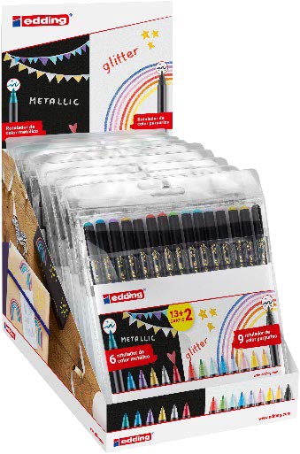 Edding 1200 Expositor con 15 Packs de 15 Rotuladores - Punta Redonda - Tinta con Base de Agua - Colores Metalicos y Purpurina Surtidos