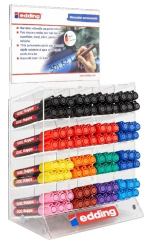 Edding 300 Expositor de 96 Rotuladores Permanentes - Punta Redonda - Trazo entre 1.5 y 3mm - Tinta Casi Inodora - Capuchon con Clip - Secado Rapido - Colores Surtidos