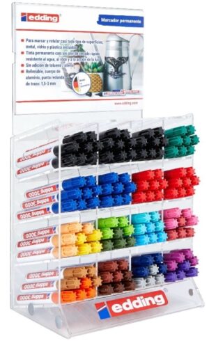 Edding 3000 Expositor con 128 Rotuladores Permanentes - Punta Redonda de 1.5mm - Trazo entre 1.5 y 3mm - Recargable - Secado Rapido - Colores Surtidos