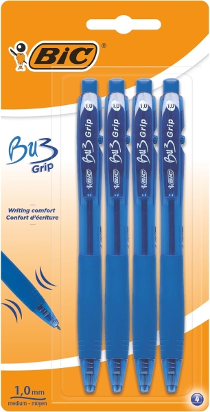 Bic Bu3 Pack de 4 Boligrafos Retractiles - Punta Media de 1mm - Trazo 0.32mm - Grip de Goma - Escritura mas Fluida - Color Azul