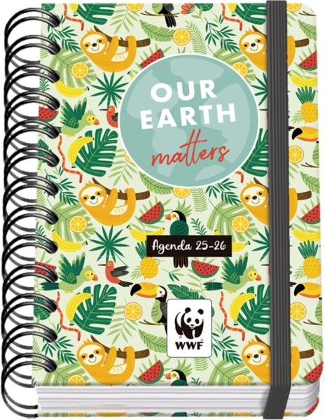 Dohe WWF Tropic Agenda Escolar 25/26 Espiral Wire’o A6 - Dia Pagina - Papel 80g/m2 - 4 Hojas de Pegatinas - Cubierta de Carton Plastificado - Cierre con Goma Elastica
