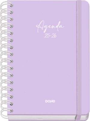Dohe Serenity Agenda Escolar 25/26 Espiral Wire’o A5 - Semana Vista - Papel 80g/m2 - 4 Hojas de Pegatinas - Cubierta de Carton Plastificado - Cierre con Goma Elastica - Color Morado
