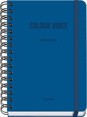 Dohe Colour Vibes Agenda Escolar 25/26 Espiral Wire’o A5 - Semana Vista - Papel 80g/m2 - 4 Hojas de Pegatinas - Cubierta de Carton Plastificado - Cierre con Goma Elastica - Color Azul