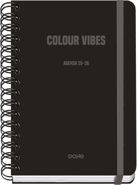 Dohe Colour Vibes Agenda Escolar 25/26 Espiral Wire’o A5 - Semana Vista - Papel 80g/m2 - 4 Hojas de Pegatinas - Cubierta de Carton Plastificado - Cierre con Goma Elastica - Color Negro