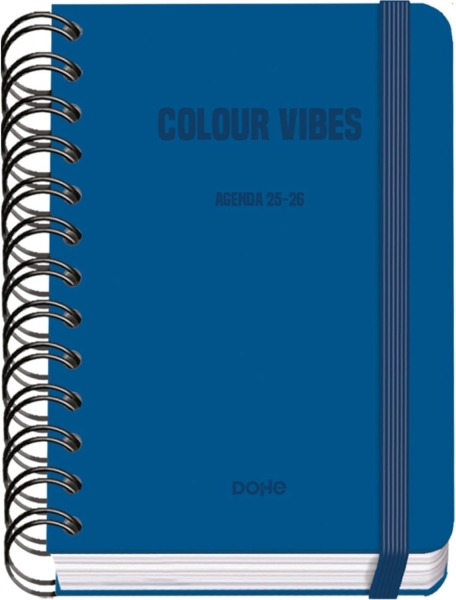 Dohe Colour Vibes Agenda Escolar 25/26 Espiral Wire’o A6 - Dia Pagina - Papel 80g/m2 - 4 Hojas de Pegatinas - Cubierta de Carton Plastificado - Cierre con Goma Elastica - Color Azul