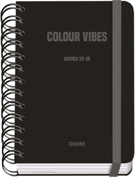 Dohe Colour Vibes Agenda Escolar 25/26 Espiral Wire’o A6 - Dia Pagina - Papel 80g/m2 - 4 Hojas de Pegatinas - Cubierta de Carton Plastificado - Cierre con Goma Elastica - Color Negro