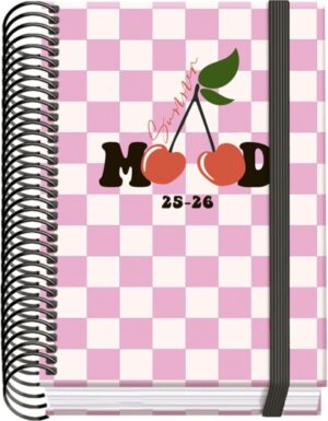 Dohe Cherry Agenda Escolar 25/26 Espiral A6 - Dia Pagina - Papel 70g/m2 - 4 Hojas de Pegatinas - Cubierta de Carton Plastificado - Cierre con Goma Elastica