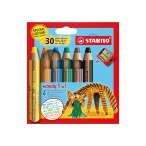 Stabilo Woody 3 en 1 30º Aniversario Tigre Pack de 6 Lapices de Colores + Sacapuntas - Lapiz de Color, Cera y Acuarela, Todo en Uno - Mina XXL 10mm - Colores Surtidos