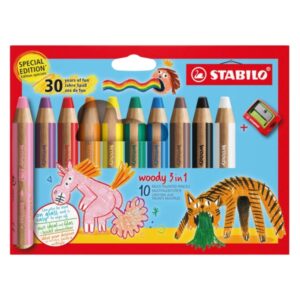 Stabilo Woody 3 en 1 30º Aniversario Unicornio y Tigre Pack de 10 Lapices de Colores + Sacapuntas - Lapiz de Color, Cera y Acuarela, Todo en Uno - Mina XXL 10mm - Colores Surtidos