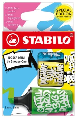 Stabilo Boss Mini by Snooze One Pack de 3 Mini Marcadores Fluorescentes - Trazo entre 2 y 5mm - Tinta con Base de Agua - Antisecado - Colores Surtidos