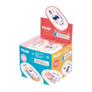 Milan 1416 Story Time Goma de Borrar Ovalada - Suave Caucho Sintetico - Envueltas Individualmente - Color Blanco con Dibujos Infantiles Story Time